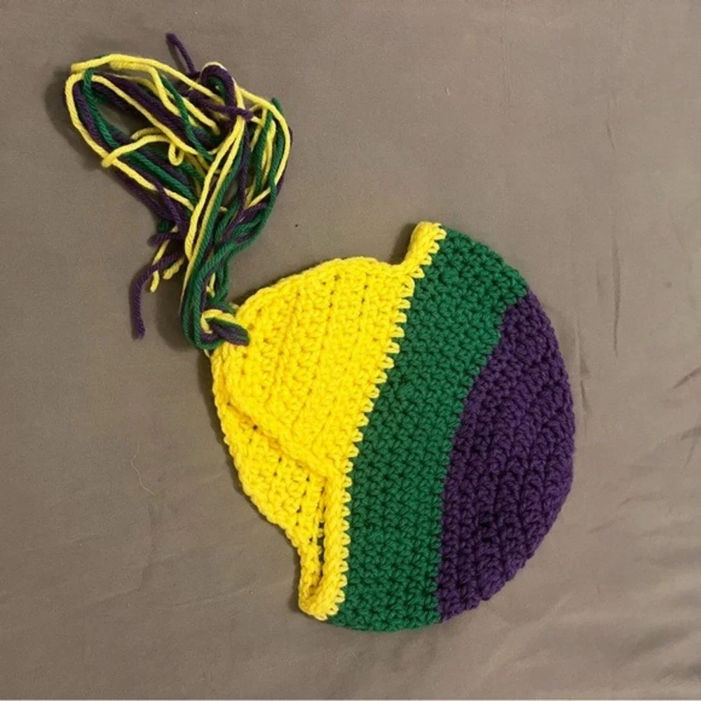 Handmade Crochet Earflap Beanie Purple Green Yellow Striped Tassel Kids Hat